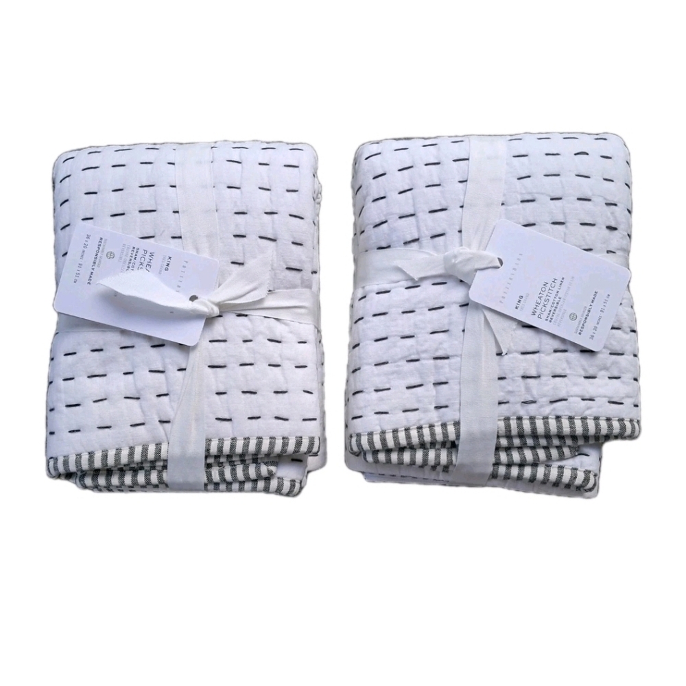 Pottery Barn Wheaton Pick-Stitch King Shams Set of 2 Reversible Cotton Linen NEW